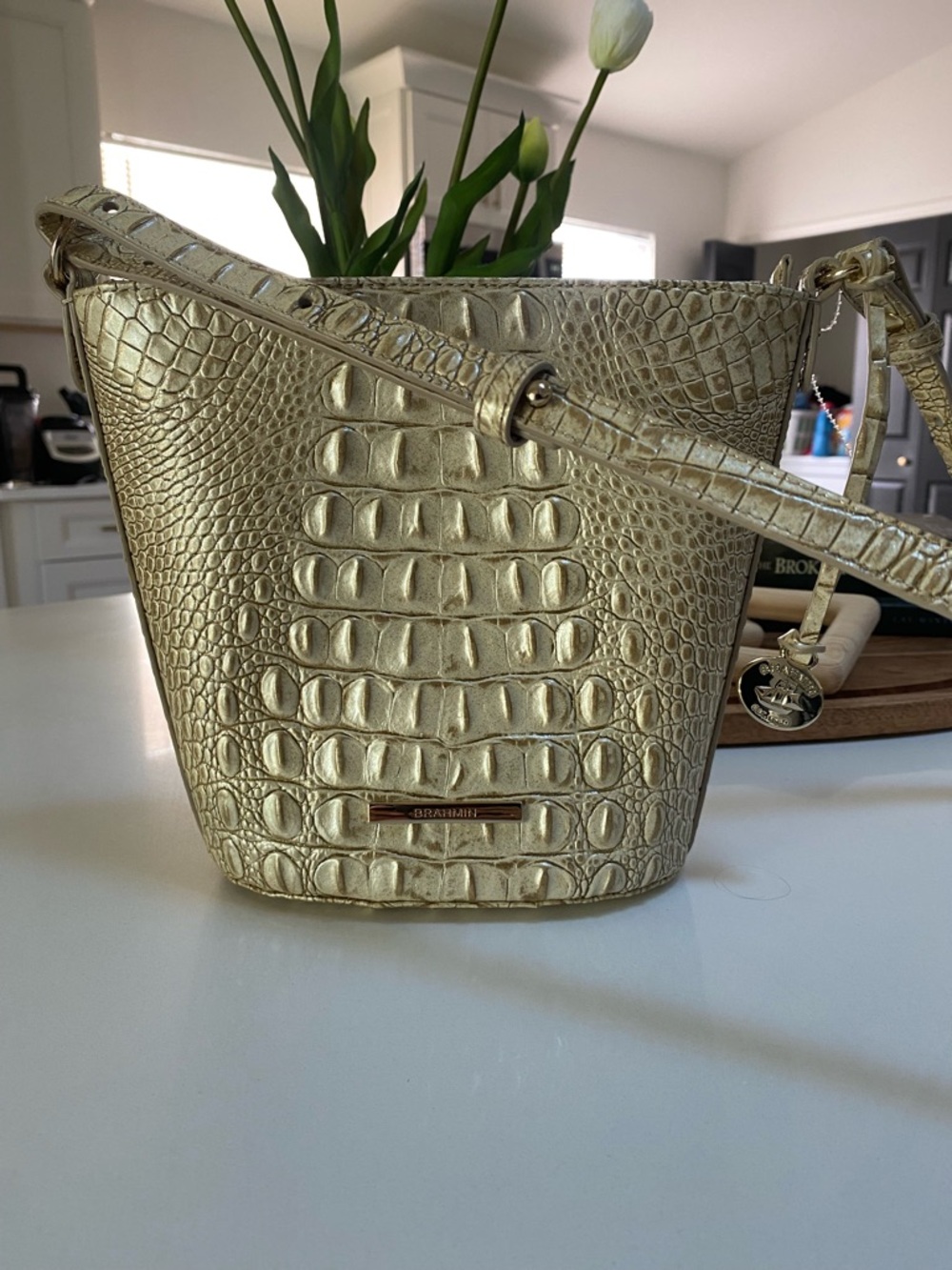 Brash Metallic Gold Croc-Embossed Crossbody Bucket Bag